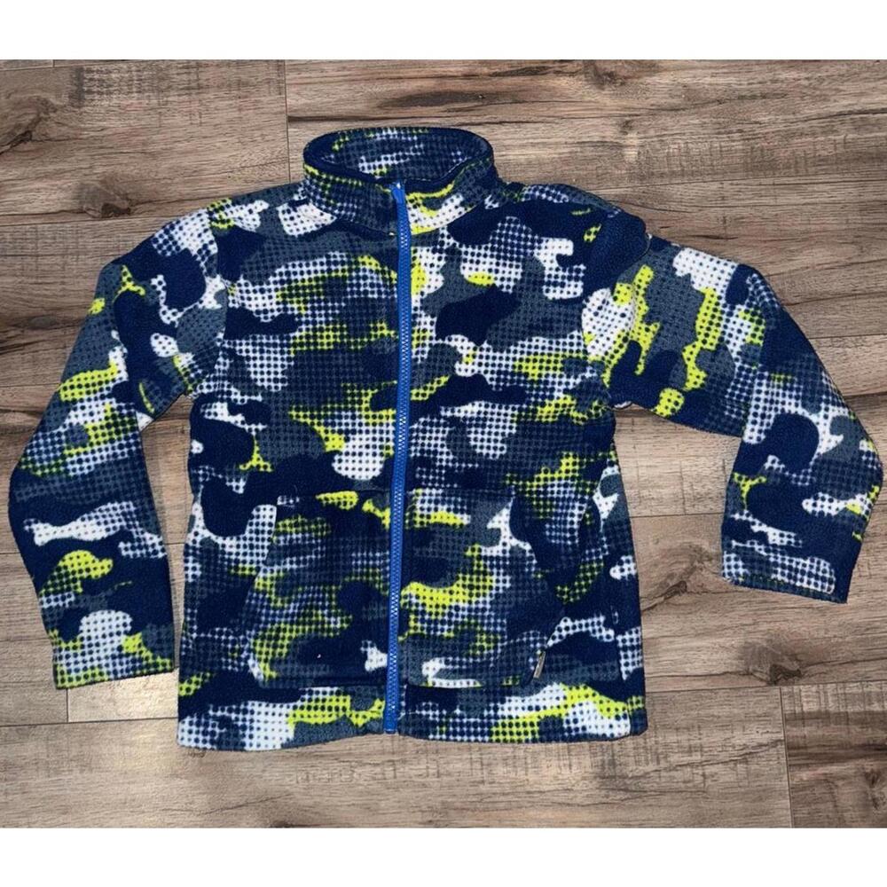 Boys Eddie‎ Bauer Fleece Jacket Blue Green Camo Print XS Zip Up Coat Fall Spring